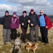 Chris Gordon with Deborah Gordon, Manager of Gilwern House, Tina and Ray Carter and Maurice Ashman. Dogs : Poppy and Gizmo Photo taken at the top of Twmbarlwm