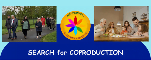 Images depicting Age-Friendly groups and Caerphilly Age-Friendly Icon